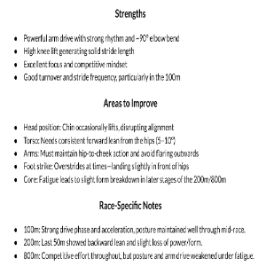 Analysis of athletic performance with strengths, areas to improve, and race-specific notes on a white background.