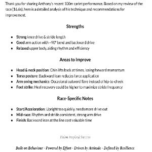 Analysis of Anthony's 100m sprint performance with strengths and areas to improve.