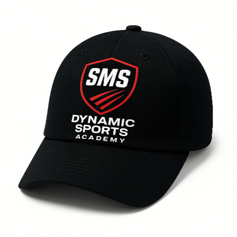 Black cap with 'SMS Dynamic Sports Academy' logo on a white background
